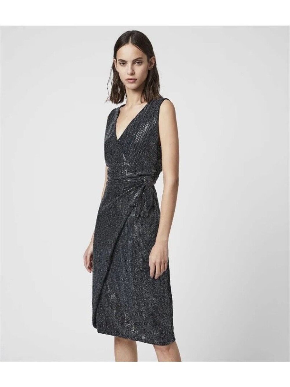 ALL SAINTS Womens Dress Allegra Wrap Shimmer Black Gray Sparkle Bodycon Size 0